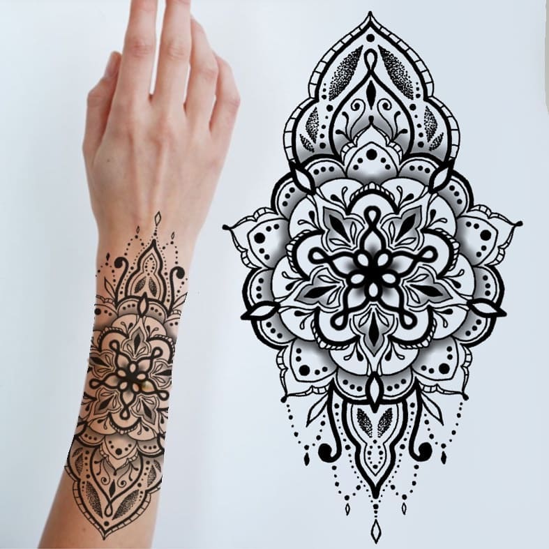 Mandala Tattoo am Unterarm und Vorlage dafür